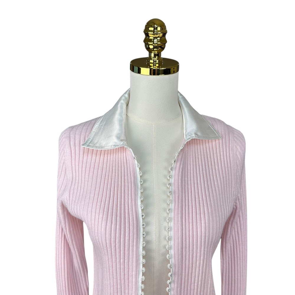 Y2K Hampshire Studio Pink Ribbed Cardigan Rhinestone Button Satin Collar Small